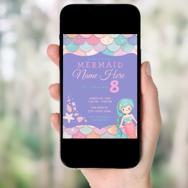 Mermaid Pastel Pink Purple Teal Girl's Birthday Invitation (Front Digital)