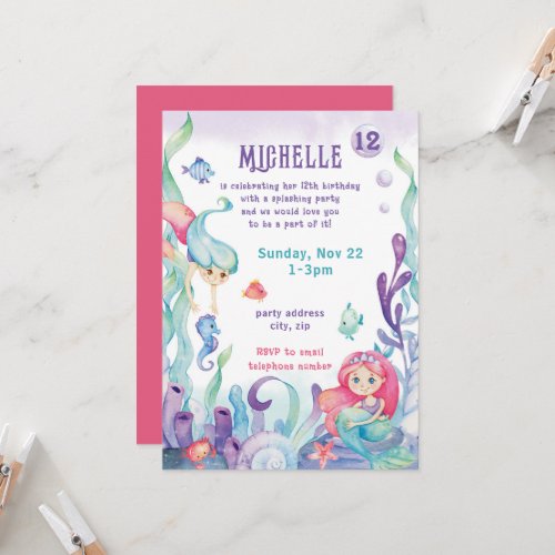 Mermaid Pastel Watercolor Birthday Invitation