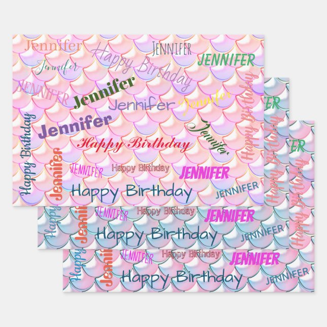 Mermaid Pattern Birthday Girly Custom Name Pink Wrapping Paper Sheets (Set)