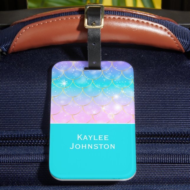 Mermaid pattern, Custom monogram girls Luggage Tag (Front Insitu 2)