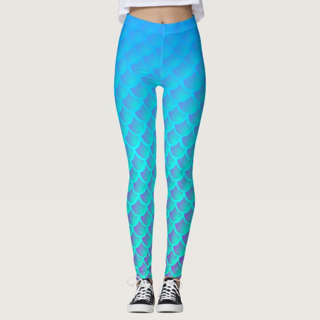 Mermaid Pattern in Aqua Blue and Purple Leggings (Front)