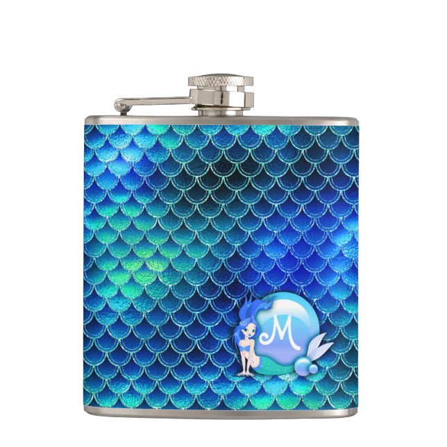 Mermaid Pearls and Scales Monogram  Blue ID600 Flask (Front)
