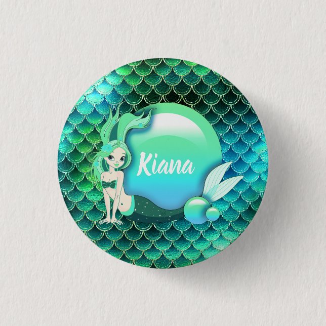 Mermaid Pearls and Scales Monogram Green ID600 Button (Front)