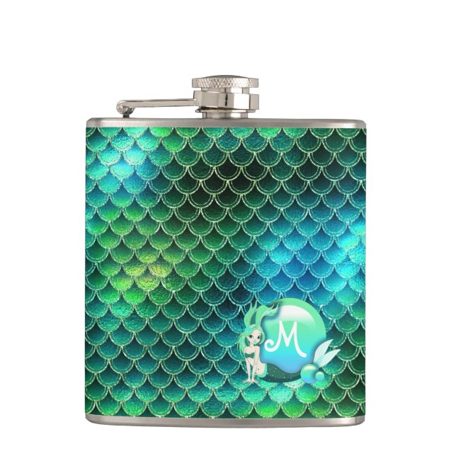 Mermaid Pearls and Scales Monogram Green ID600 Flask (Front)