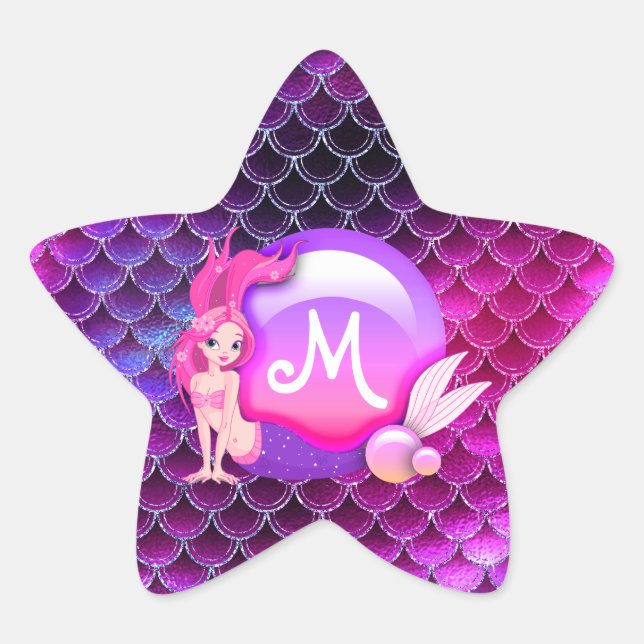 Mermaid Pearls and Scales Monogram Pink ID600 Star Sticker (Front)