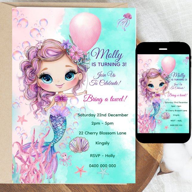 Mermaid Personalized Birthday Invitation (Personalized Watercolor Mermaid Birthday Invitation | Editable Text | Digital or Printed | Coloring )