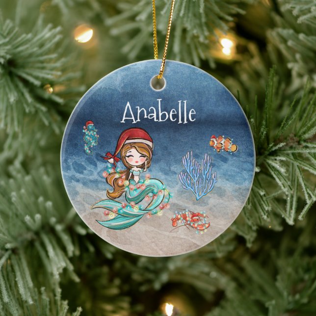Mermaid Personalized  Christmas Holiday Ceramic Ornament (Tree)