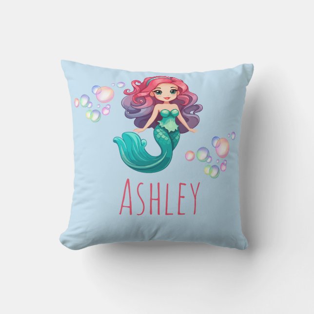 Mermaid Personalized Name Blue Accent Throw Pillow (Front)