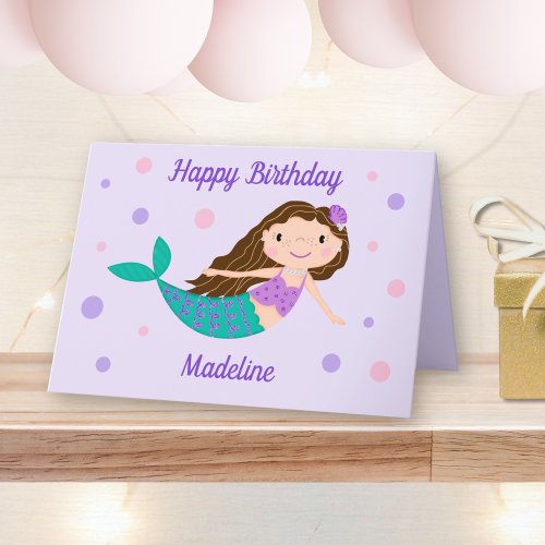 Mermaid Personalized Name Purple Birthday Card