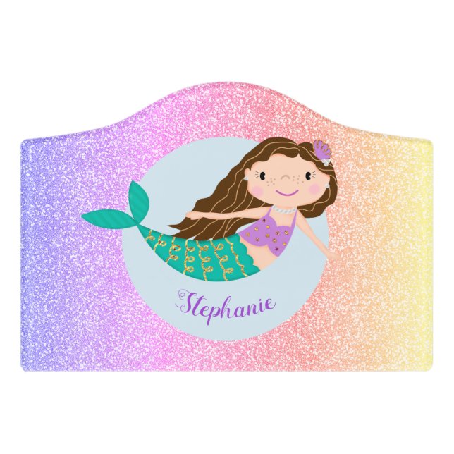 Mermaid Personalized Rainbow Glitter Bedroom Door Sign (Small Crest Front)