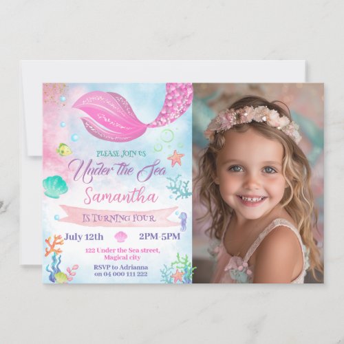 Mermaid Photo 1st 2nd 3rd 4th 5th Birthday Invitation