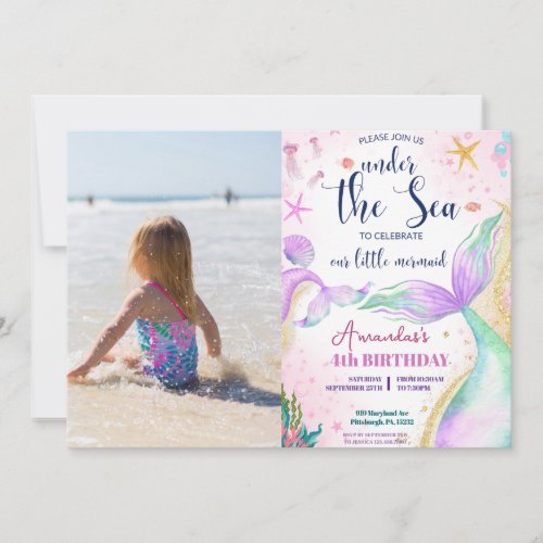 Mermaid Photo Watercolor Birthday Under the Sea Invitation