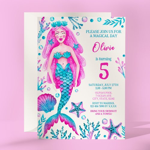 Mermaid Pink and Turquoise Girls Birthday Party  Invitation