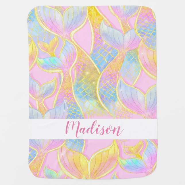 Mermaid Pink Baby Blanket with Custom Name (Front)