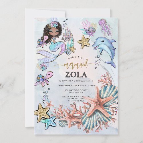 Mermaid Pink Blue Birthday Invitation