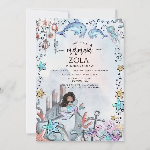 Mermaid Pink Blue Birthday Party Invitation