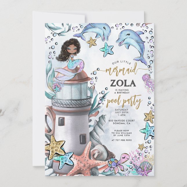Mermaid Pink Blue Birthday Pool Party Invitation (Front)