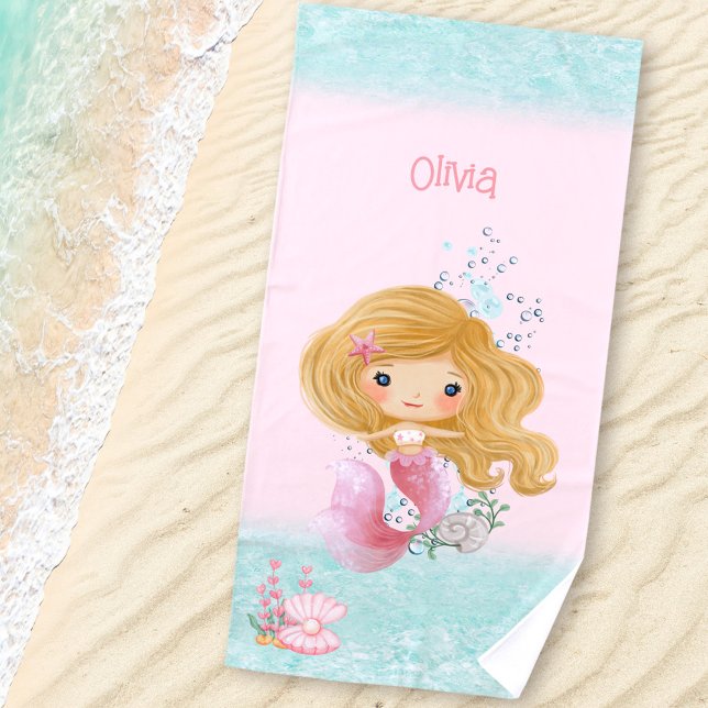 Mermaid Pink Blue Blond Hair Girl Name Beach Towel (Mermaid Pink Blue Blond Hair Girl Name Beach Towel)