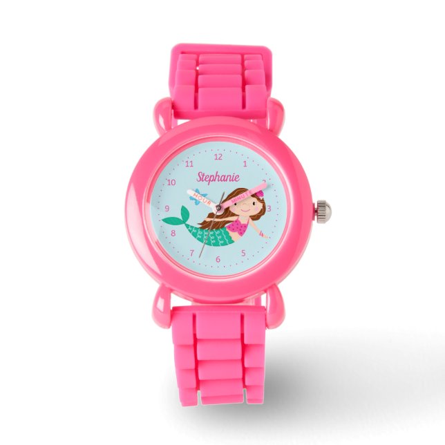 Mermaid Pink Blue Cute Personalized Watch (Front)