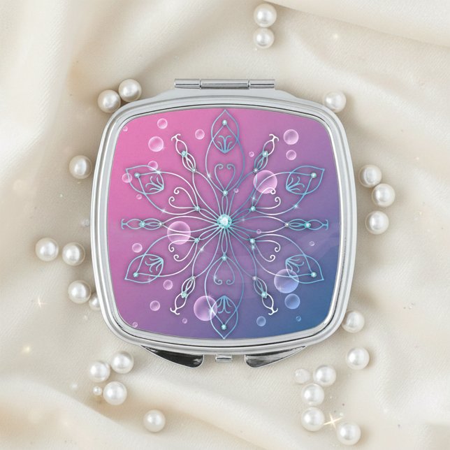  Mermaid Pink Blue Ombre Crystal Snowflake Mandala Compact Mirror (Creator Uploaded)