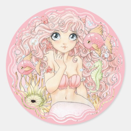 Mermaid pink classic round sticker