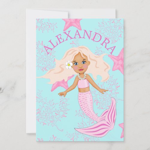 Mermaid Pink Cute  Starfish Birthday Invitation