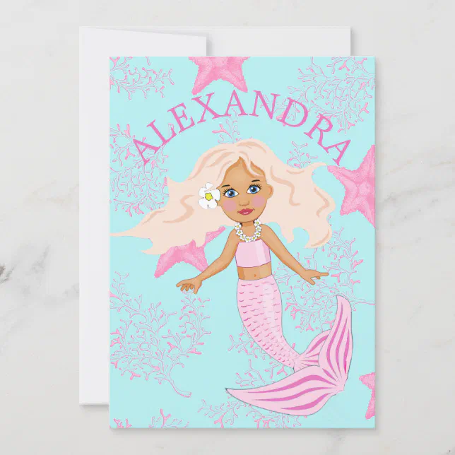 Mermaid Pink Cute Starfish Birthday Invitation | Zazzle