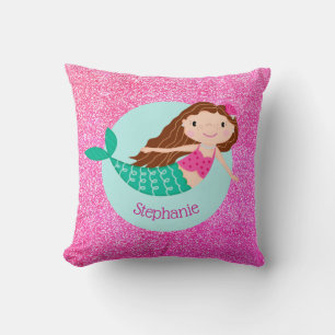 Mermaid Pink Glitter Girly Personalized Throw Pillow