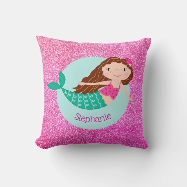 Mermaid Pink Glitter Girly Personalized Throw Pillow (Front)