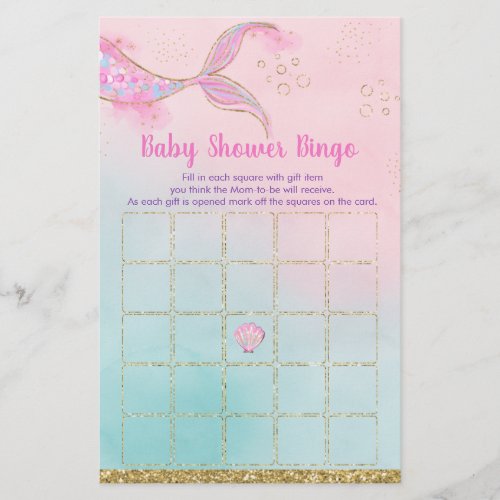 Mermaid Pink Gold Baby Shower Bingo Game