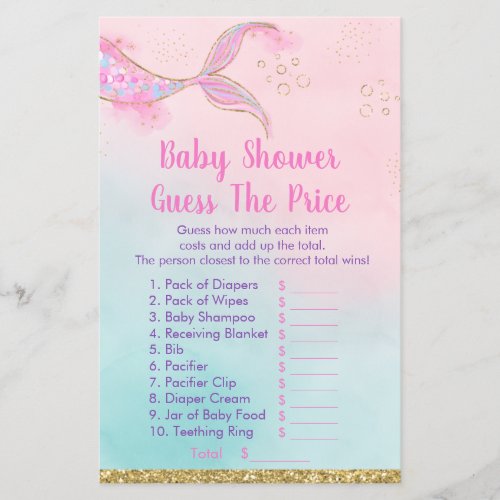 Mermaid Pink Gold Baby Shower Guess The Price Game