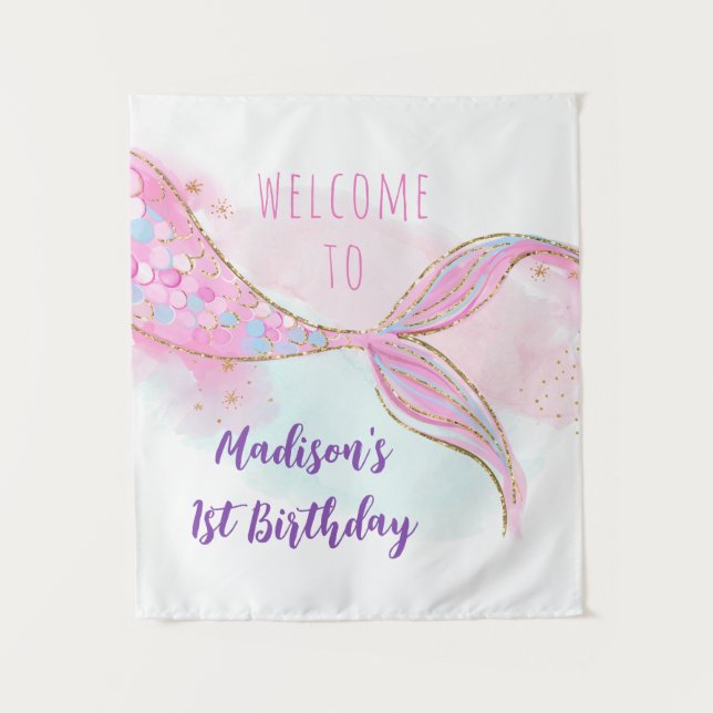 Mermaid Pink Gold Birthday Backdrop (Front)