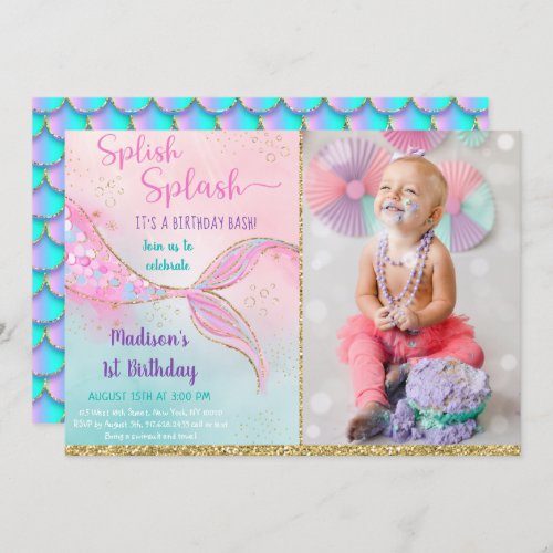 Mermaid Pink Gold Birthday Invitation