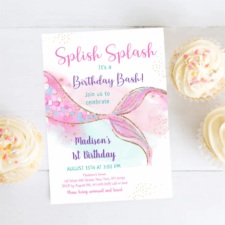 Mermaid Pink Gold Birthday Invitation