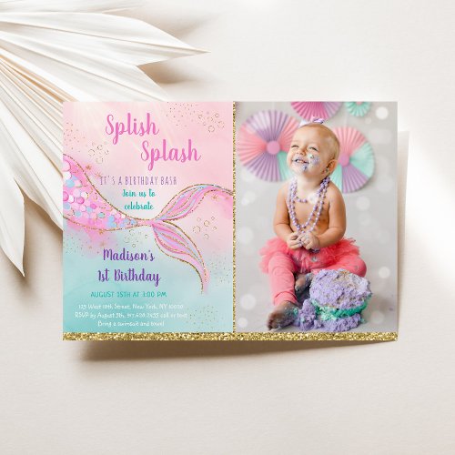 Mermaid Pink Gold Birthday Invitation