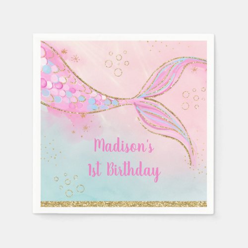 Mermaid Pink Gold Birthday Napkins