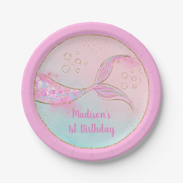 Mermaid Pink Gold Birthday Paper Plates (Front)