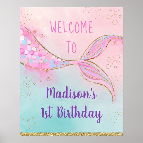 Mermaid Pink Gold Birthday Poster