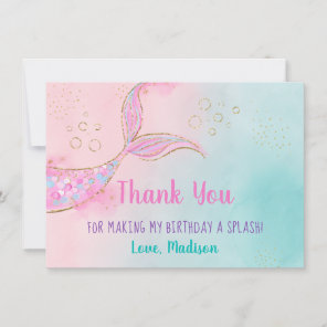 Mermaid Pink Gold Birthday Thank You Card