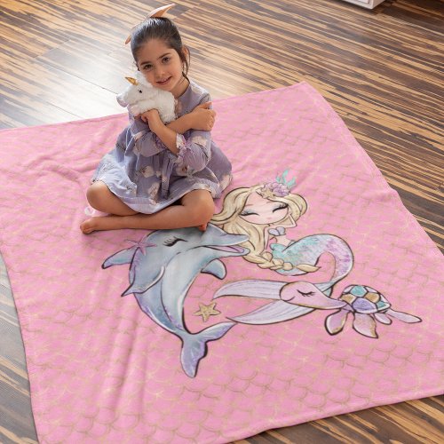 Mermaid Pink Gold Cute Girl Bedroom Kids Fleece Blanket