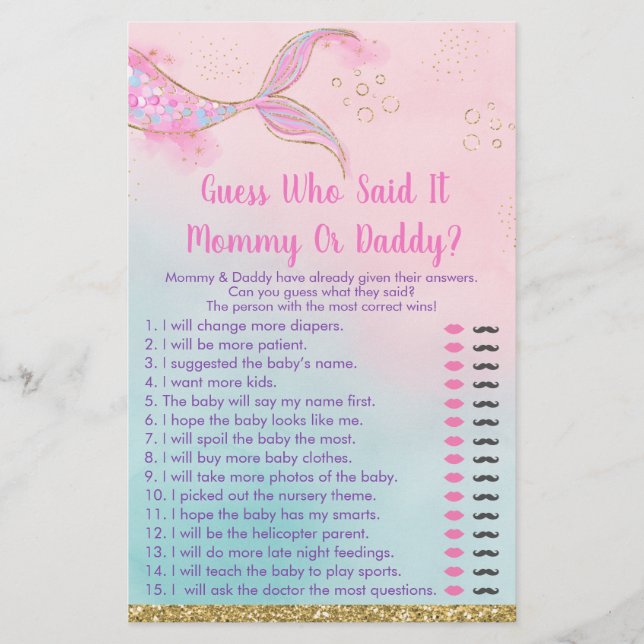 Mermaid Pink Gold Mommy Or Daddy Baby Shower Game (Front)