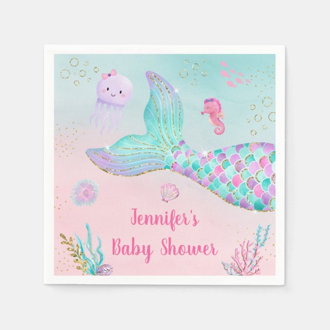 Mermaid Pink Gold Under The Sea Baby Shower Napkins (Front)
