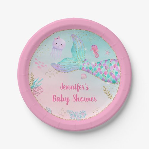 Mermaid Pink Gold Under The Sea Baby Shower Paper Plates