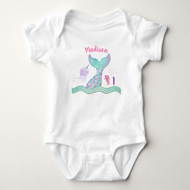 Mermaid Pink Gold Under The Sea Birthday Baby Body Bodysuit (Front)