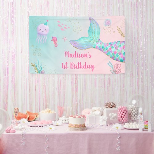 Mermaid Pink Gold Under The Sea Birthday Banner