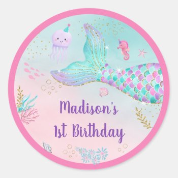 Mermaid Pink Gold Under The Sea Birthday Classic Round Sticker by LittlePrintsParties at Zazzle