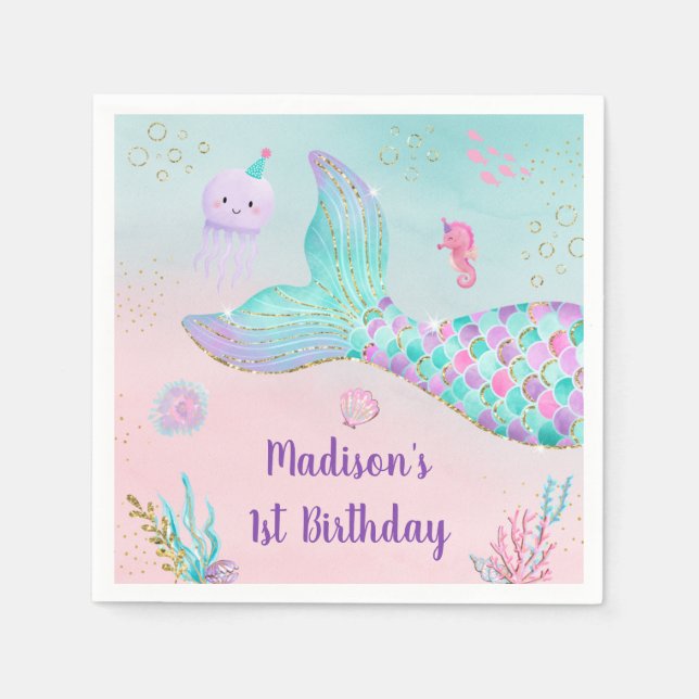 Mermaid Pink Gold Under The Sea Birthday Napkins (Front)