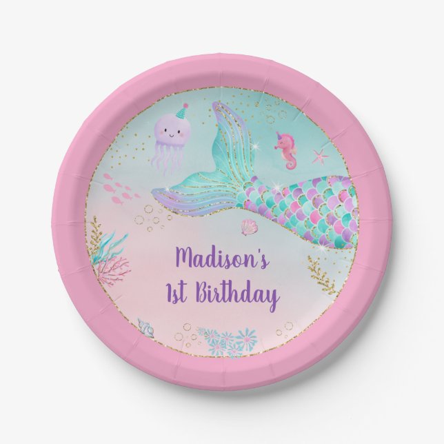 Mermaid Pink Gold Under The Sea Birthday Paper Plates (Front)