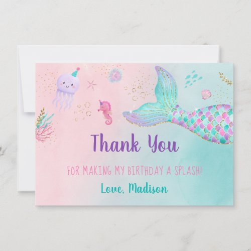 Mermaid Pink Gold Under The Sea Birthday Thank You Card