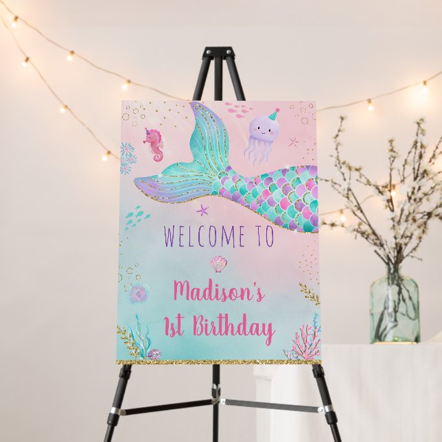 Mermaid Pink Gold Under The Sea Birthday Welcome Foam Board (In Situ (Stand))
